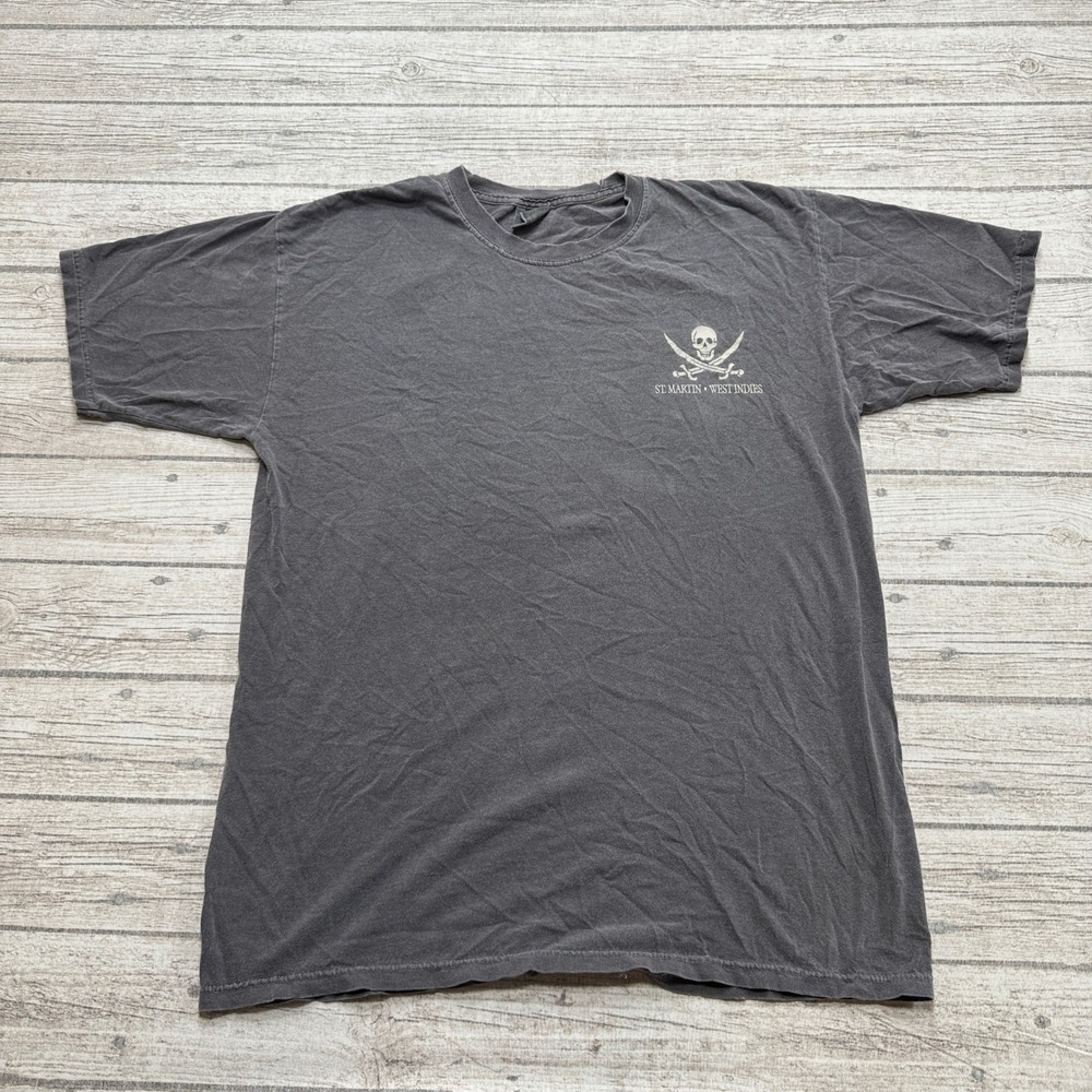 Comfort Colors T-Shirt Men's L Gray Pirate St Martin West Indies Skull Graphic